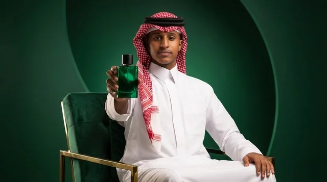 Saudi Man in Traditional Dress Holding Green Perfume Bottle