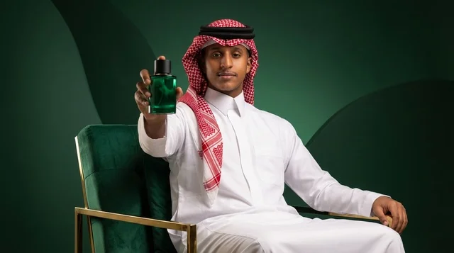 رجل سعودي مع زجاجة عطر في استوديو أخضر