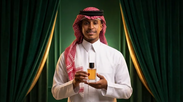 Saudi Man Holding Perfume Bottle in Studio Setting