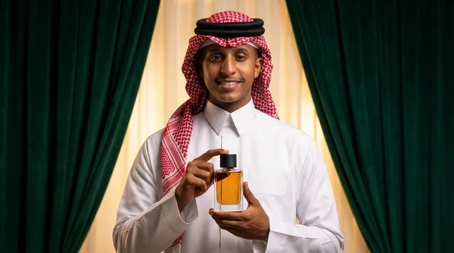 Saudi Man in Traditional Dress Holding Perfume Bottle