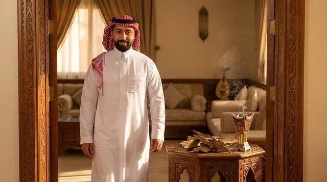 Saudi Man in Traditional Majlis with Incense Burner