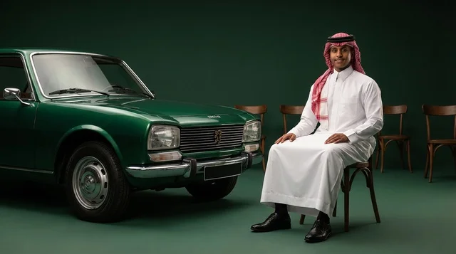 Saudi Man with Vintage Green Car in Professional Studio