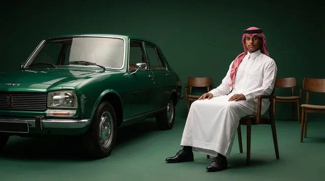 Saudi Man with Vintage Green Car in Studio