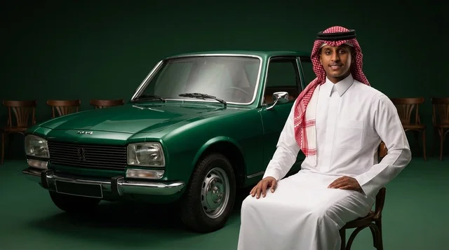 Saudi Man with Vintage Green Car in Studio Portrait