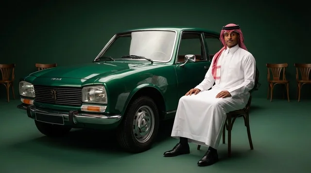 Saudi Man in Traditional Thobe with Vintage Green Car