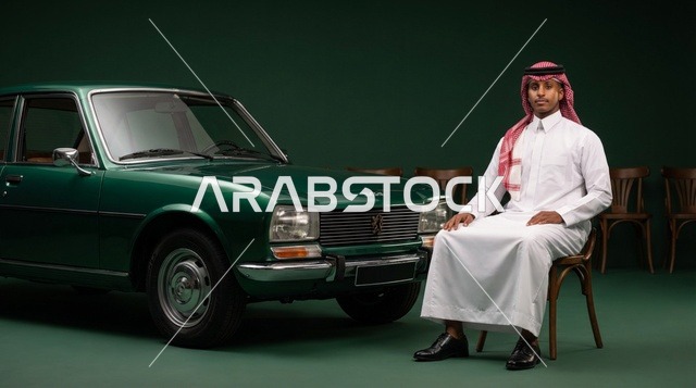 رجل سعودي مع سيارة كلاسيكية خضراء في الاستوديو