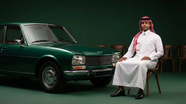 Saudi Man with Classic Green Car in Studio