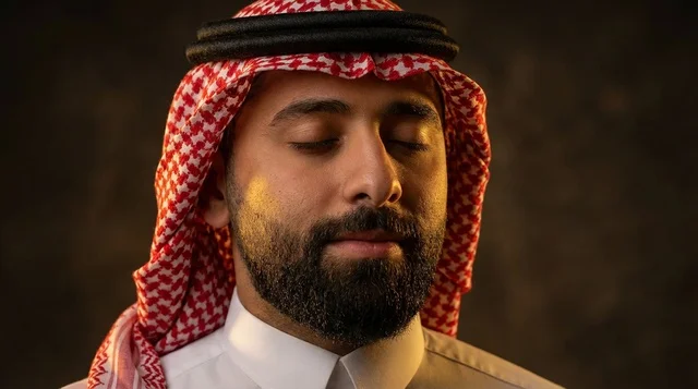 Saudi Man in Traditional Dress with Eyes Closed