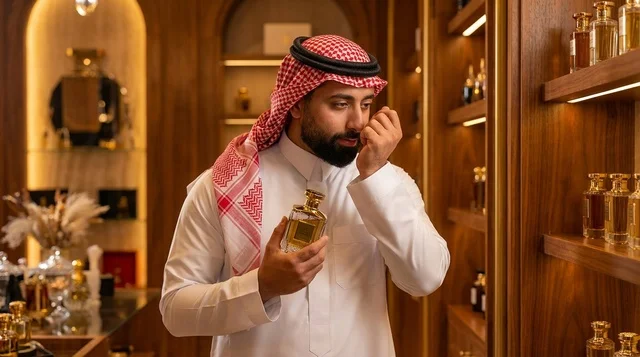 Saudi Man in Luxury Perfume Shop Choosing Fragrance Saudi Man in Luxury Perfume Shop Choosing Fragrance