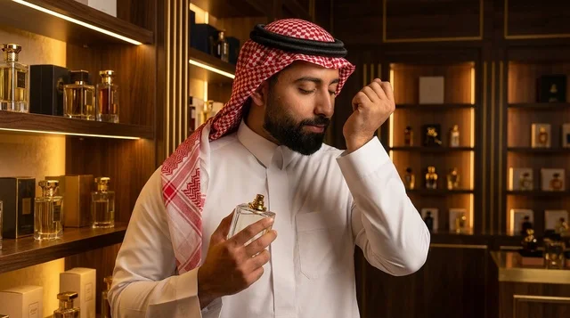 Saudi Man Smelling Fragrance in Luxury Perfume Store
