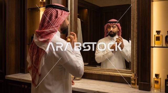 رجل سعودي يضع العطر أمام المرآة في غرفة فاخرة