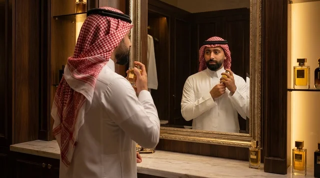 رجل سعودي يضع العطر أمام المرآة في غرفة فاخرة