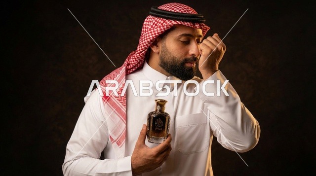 رجل سعودي بالزي التقليدي يمسك زجاجة عطر فاخرة