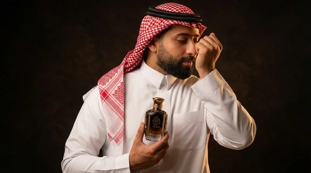 رجل سعودي بالزي التقليدي يمسك زجاجة عطر فاخرة