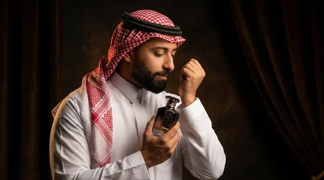 رجل سعودي بالزي التقليدي يشم العطر في الاستوديو