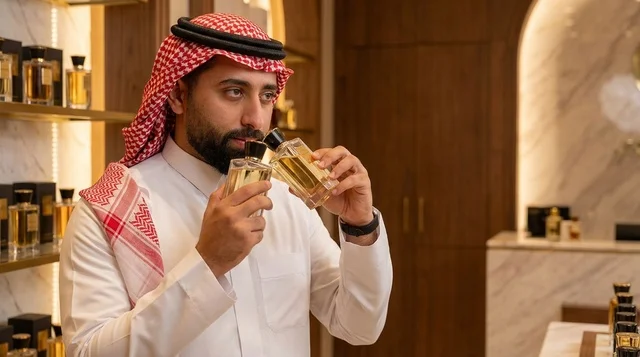 رجل سعودي يشم العطور في متجر عطور فاخر