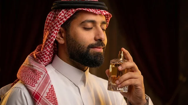 Saudi Man Smelling Luxury Perfume Bottle Close-up