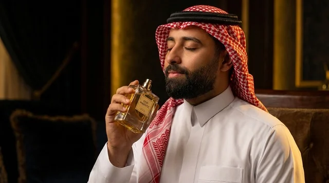 رجل سعودي يشم زجاجة عطر فاخرة في مجلس تقليدي