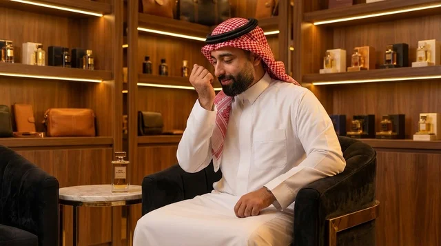 Saudi Man Smelling Fragrance in Luxury Perfume Store