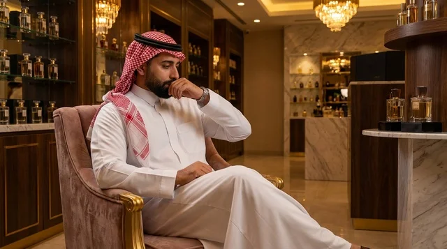 رجل سعودي في متجر عطور فاخر بالزي التقليدي
