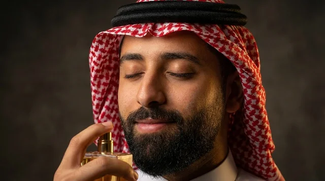رجل سعودي يشم زجاجة عطر فاخرة بالزي التقليدي