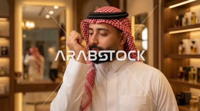 رجل سعودي يشم العطر في متجر عطور فاخر