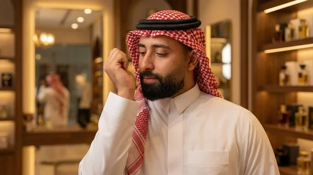 رجل سعودي يشم العطر في متجر عطور فاخر
