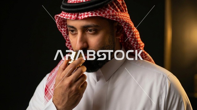 رجل سعودي يشم عطر العود بالزي التقليدي