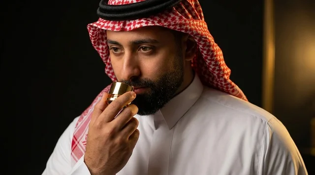رجل سعودي يشم عطر العود بالزي التقليدي
