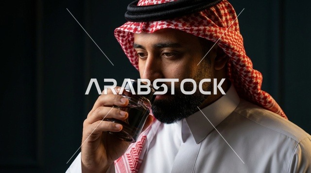 رجل سعودي بالثوب التقليدي يشرب القهوة بورتريه