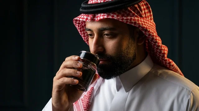 Saudi Man in Traditional Thobe Drinking Coffee Portrait