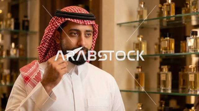 رجل سعودي يختبر العطور في متجر عطور فاخر