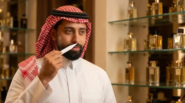 Saudi Man Testing Fragrance in Luxury Perfume Store