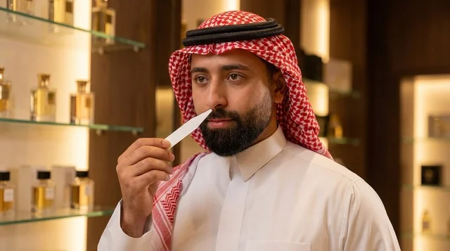 Saudi Man Smelling Fragrance Tester in Luxury Store