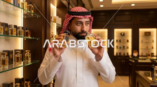 رجل سعودي يشم العطور في متجر عطور فاخر
