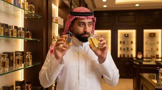 Saudi Man Smelling Perfume in Luxury Fragrance Store