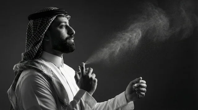Saudi Man in Traditional Dress Spraying Perfume Portrait