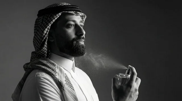 Saudi Man Spraying Perfume in Black and White