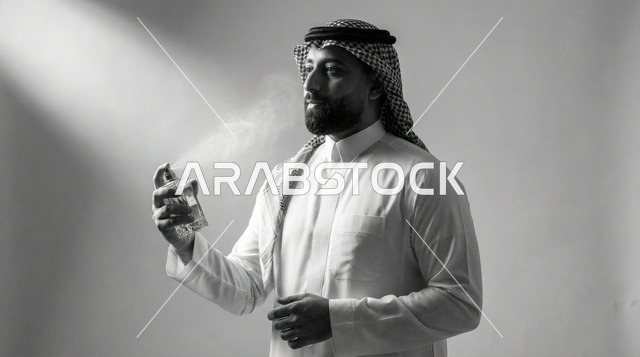 رجل سعودي يرش العطر في صورة بالأبيض والأسود