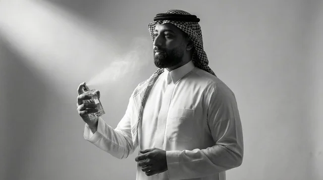 رجل سعودي يرش العطر في صورة بالأبيض والأسود