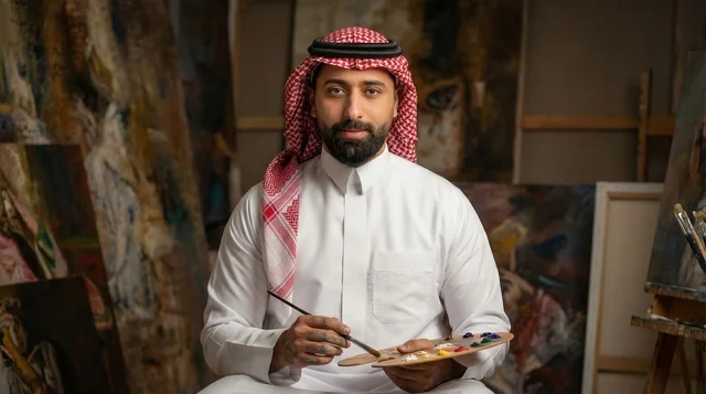 فنان سعودي بالزي التقليدي في مرسمه يحمل لوحة ألوان