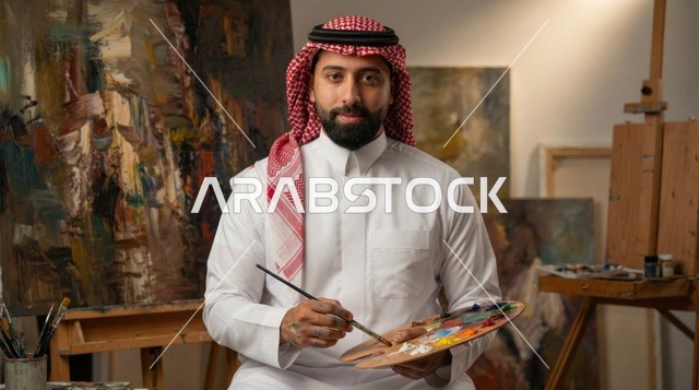 فنان سعودي في مرسم فني مع لوحة ألوان وفرشاة