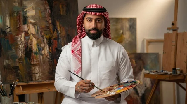 Saudi Artist in Studio with Palette and Paintbrush