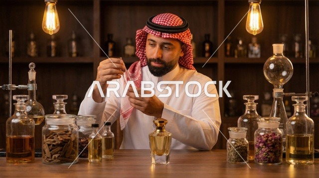 خبير عطور سعودي في مختبر احترافي يصمم الروائح والزيوت