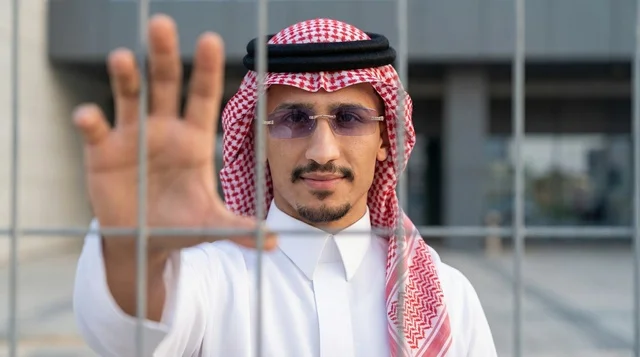 رجل سعودي خلف سياج سلكي يمد يده