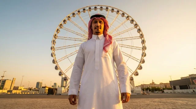 رجل سعودي أمام العجلة الدوارة وقت الغروب
