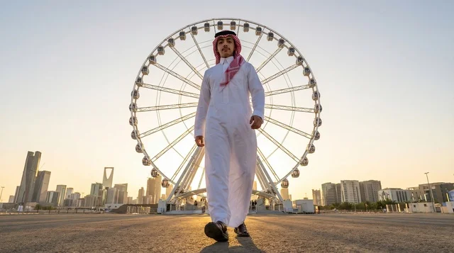 شاب سعودي في أفق الرياض أمام عجلة فيريس شاب سعودي في أفق الرياض أمام عجلة فيريس