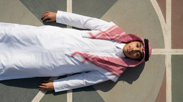 Saudi Man Lying on Colorful Sports Court Top View
