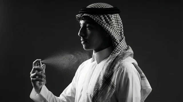 Saudi Man Spraying Perfume Black and White Studio Portrait