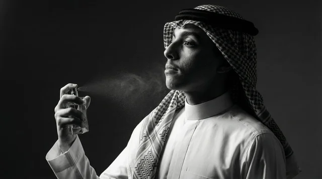 Arab Man Spraying Perfume in Traditional Thobe Portrait